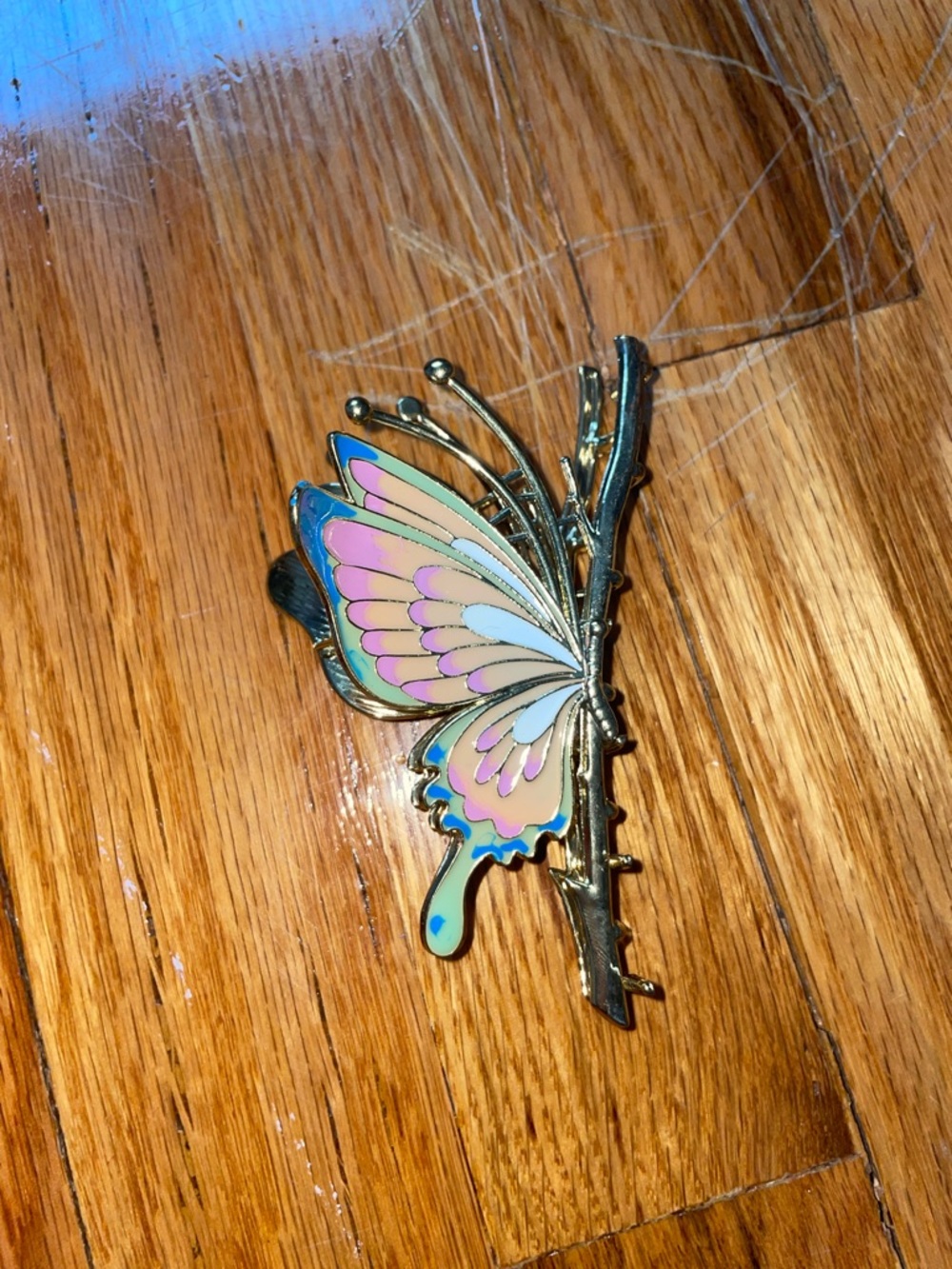 Gold Butterfly Hair Clip with Multicolor Wings